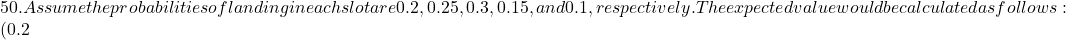 50.  Assume the probabilities of landing in each slot are 0.2, 0.25, 0.3, 0.15, and 0.1, respectively. The expected value would be calculated as follows: (0.2